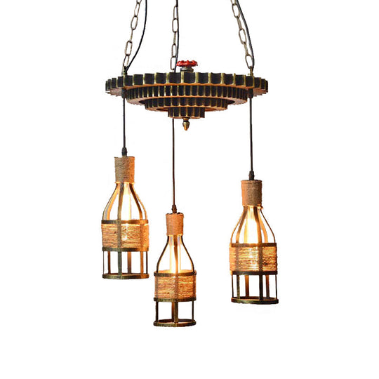 Industrial Bronze Bottle Chandelier - 3-Light Rope And Metal Hanging Pendant Light Fixture For