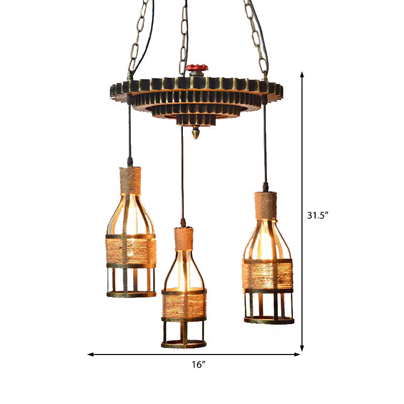 Industrial Bronze Bottle Chandelier - 3-Light Rope And Metal Hanging Pendant Light Fixture For