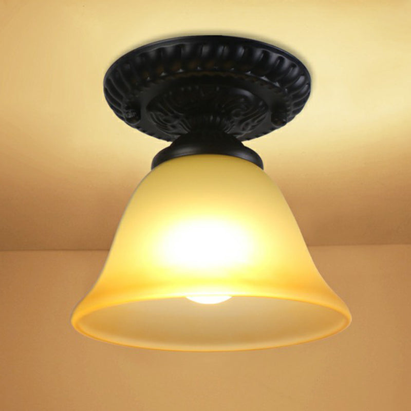 Traditional Black Bell Semi Flush Ceiling Light Fixture With Frosted Glass - 1 - Light / E