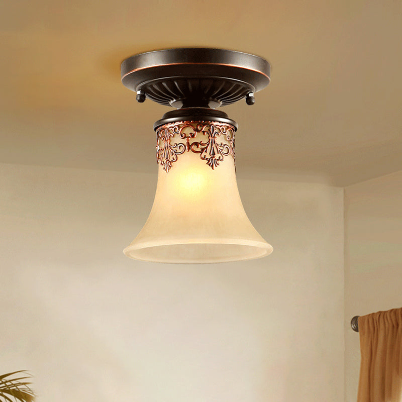 Frost Beige Glass Semi - Flush Mount Light With Retro Flair And Filigree Detailing