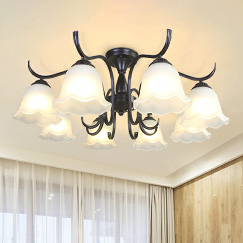 Vintage Opal Glass Semi Flush Mount Chandelier - Black Bell Shaped Ceiling Light For Living Room 8