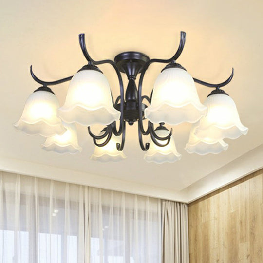 Vintage Opal Glass Semi Flush Mount Chandelier - Black Bell Shaped Ceiling Light For Living Room 8
