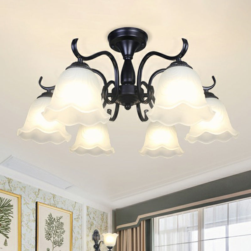 Vintage Opal Glass Semi Flush Mount Chandelier - Black Bell Shaped Ceiling Light For Living Room 6
