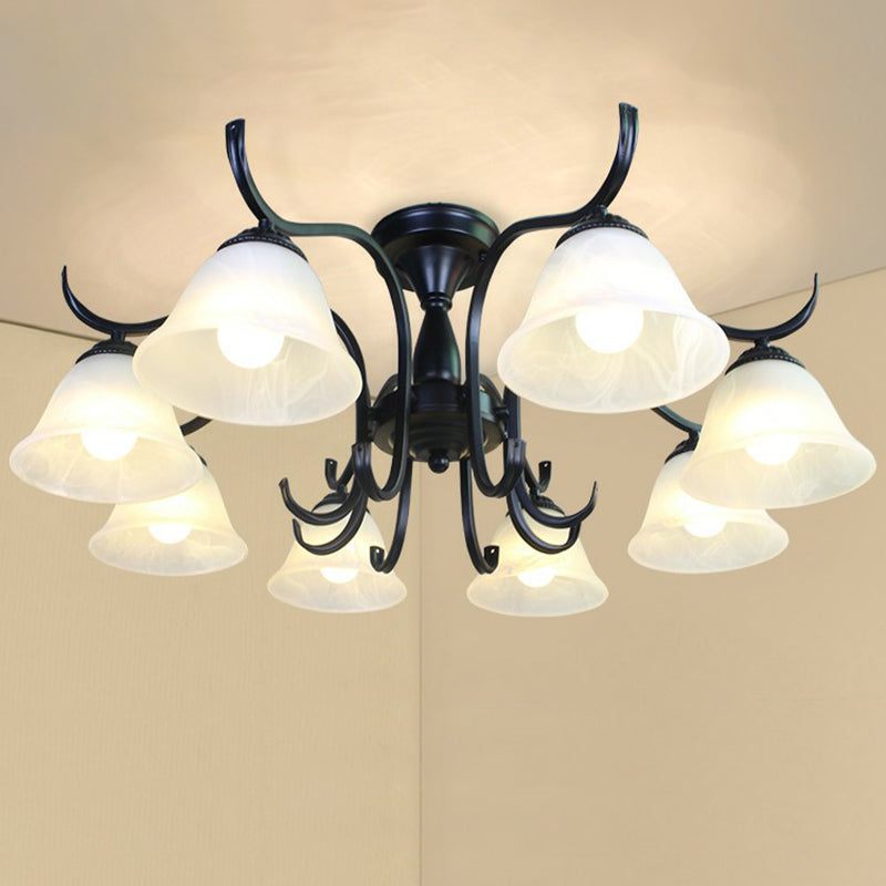 Vintage Opal Glass Semi Flush Mount Chandelier - Black Bell Shaped Ceiling Light For Living Room 8