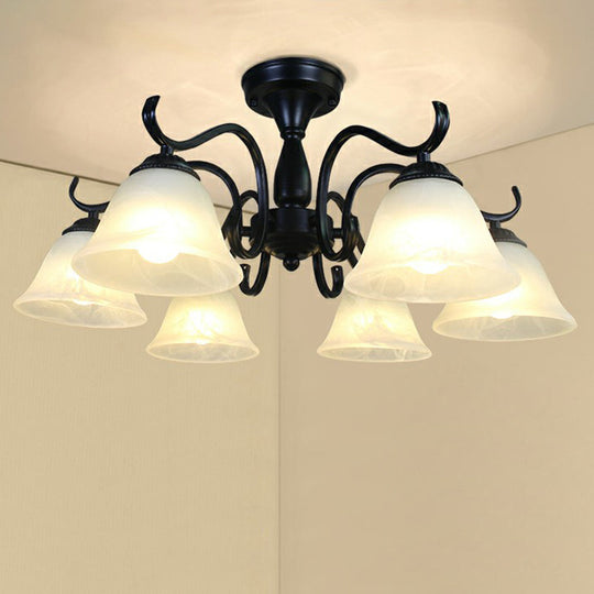 Vintage Opal Glass Semi Flush Mount Chandelier - Black Bell Shaped Ceiling Light For Living Room 6