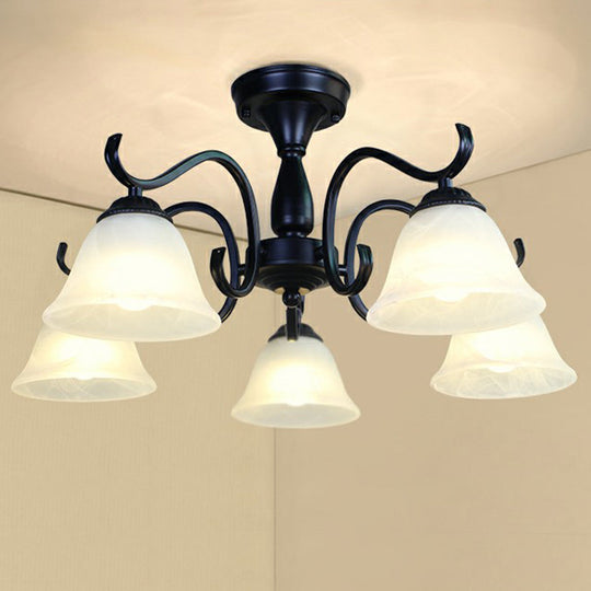 Vintage Opal Glass Semi Flush Mount Chandelier - Black Bell Shaped Ceiling Light For Living Room 5