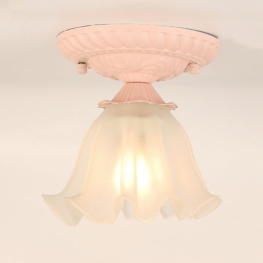 Frost Glass Ruffle Semi Flush Ceiling Light - Single - Bulb Pastoral Bedroom Fixture
