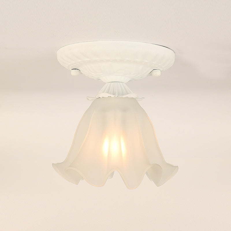 Frost Glass Ruffle Semi Flush Ceiling Light - Single - Bulb Pastoral Bedroom Fixture