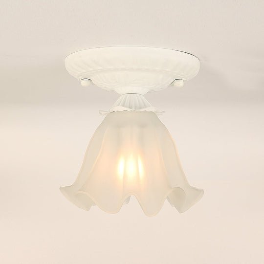 Frost Glass Ruffle Semi Flush Ceiling Light - Single - Bulb Pastoral Bedroom Fixture