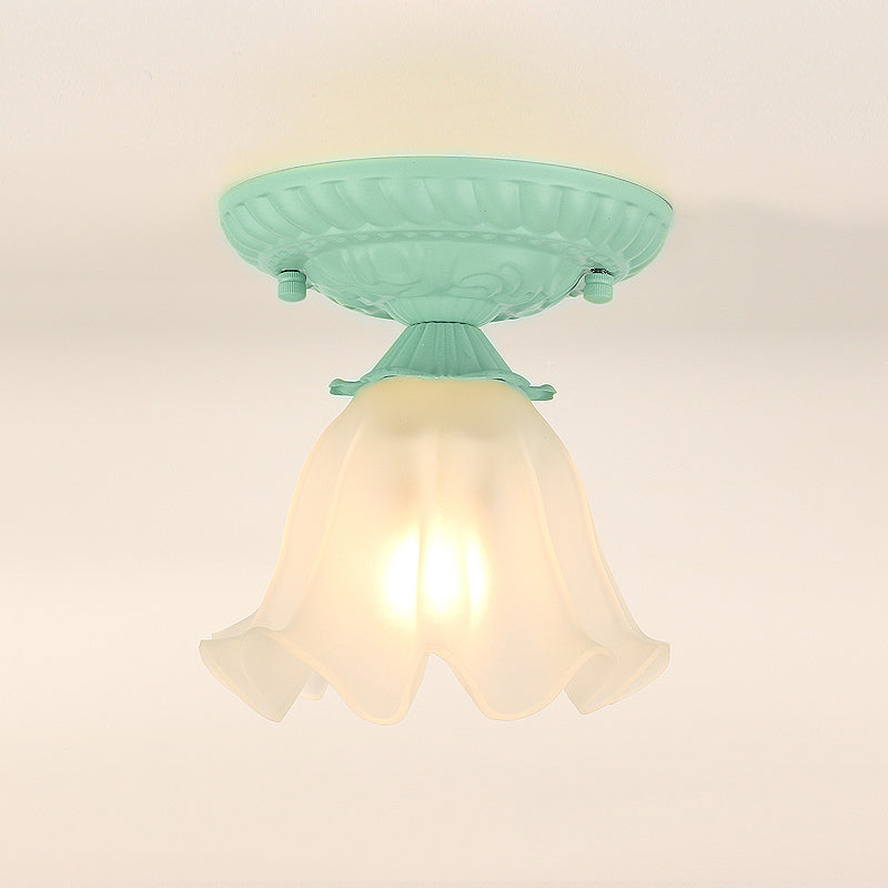 Frost Glass Ruffle Semi Flush Ceiling Light - Single - Bulb Pastoral Bedroom Fixture Green