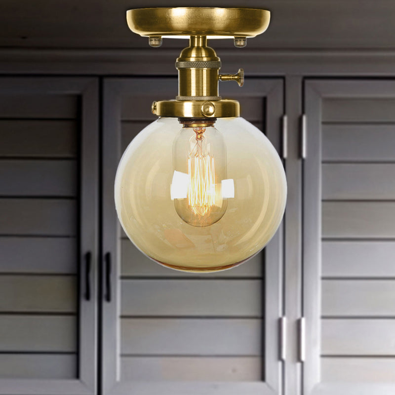 Semi Flush Bronze Globe Round Ceiling Light With Industrial Clear/Amber Glass - 1 - Light Fixture