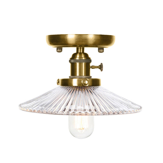 Industrial Bronze Cone/Saucer Semi Flush Mount Light With White/Clear Glass - 1 Living Room Ceiling