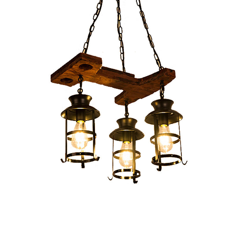 Industrial Metal Pendant Chandelier - Caged Dining Room Light Fixture With 3 Black Hanging Lights