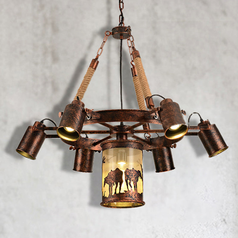 Vintage Cylinder Metal Chandelier - 4/7 Light Pendant In Weathered Copper For Dining Room Lighting