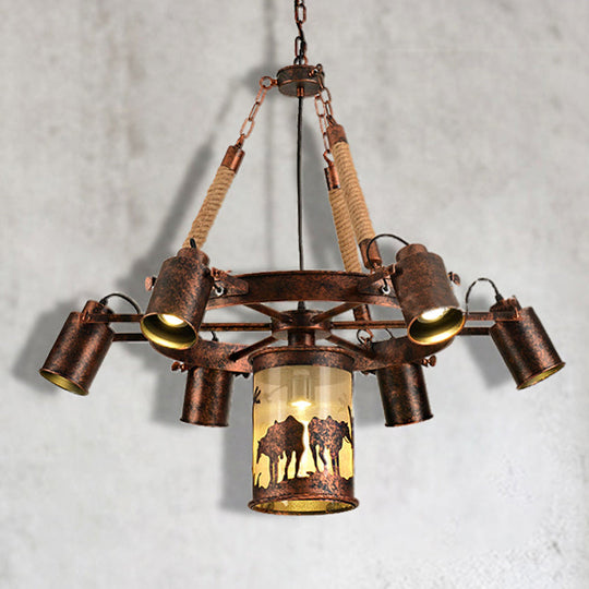 Vintage Cylinder Metal Chandelier - 4/7 Light Pendant In Weathered Copper For Dining Room Lighting