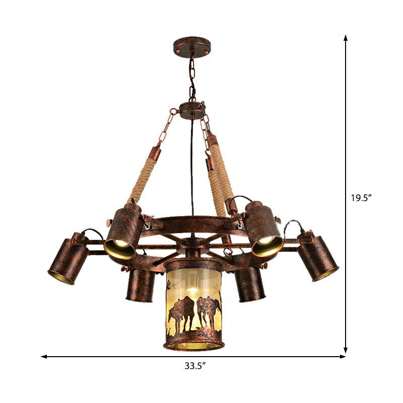Vintage Cylinder Metal Chandelier - 4/7 Light Pendant In Weathered Copper For Dining Room Lighting