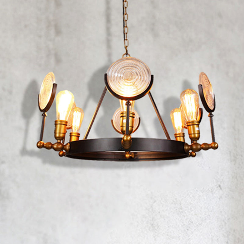 Clear Textured Glass Chandelier: Round Industrial Pendant Lighting - 6/8 Light | Brass Finish For