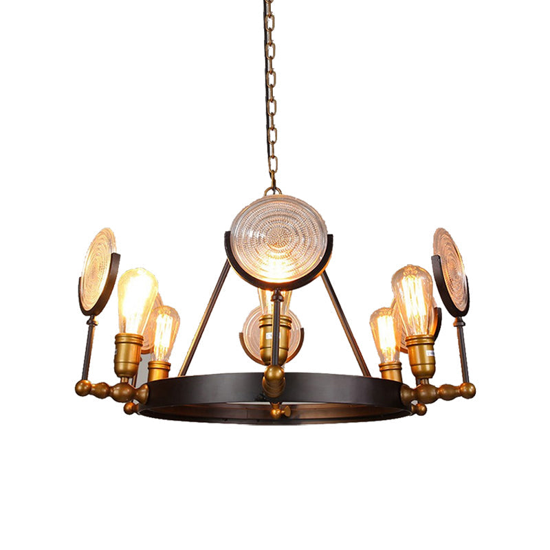 Clear Textured Glass Chandelier: Round Industrial Pendant Lighting - 6/8 Light | Brass Finish For