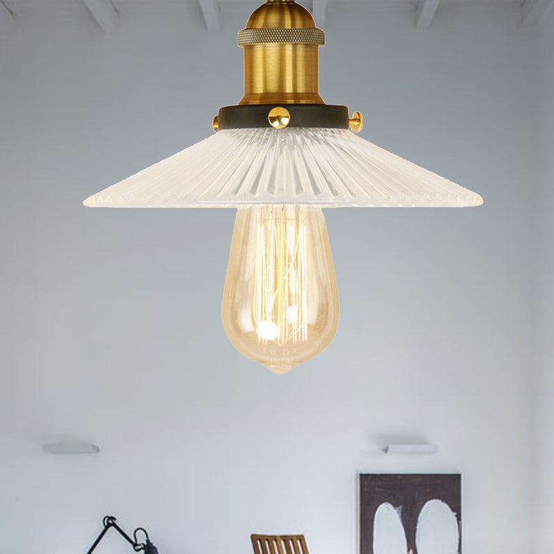 Semi Mount Ribbed Glass Cone Ceiling Light In Black/Brass/Copper - Industrial Style For Living Room