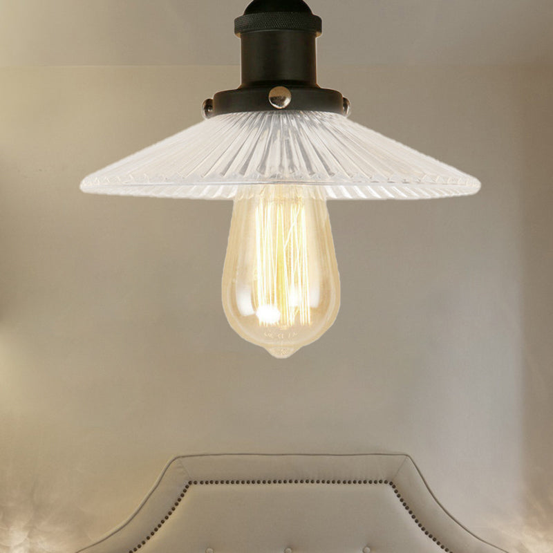 Semi Mount Ribbed Glass Cone Ceiling Light In Black/Brass/Copper - Industrial Style For Living Room