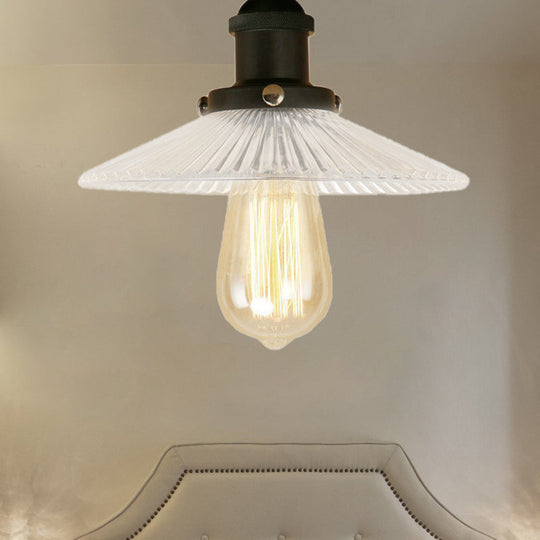 Semi Mount Ribbed Glass Cone Ceiling Light In Black/Brass/Copper - Industrial Style For Living Room