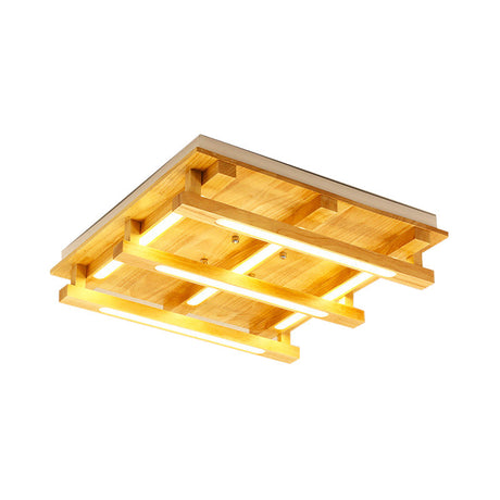 Led Flush Ceiling Light With Square Wood Shade - Modernist Brown Finish For Living Room (1/4/9