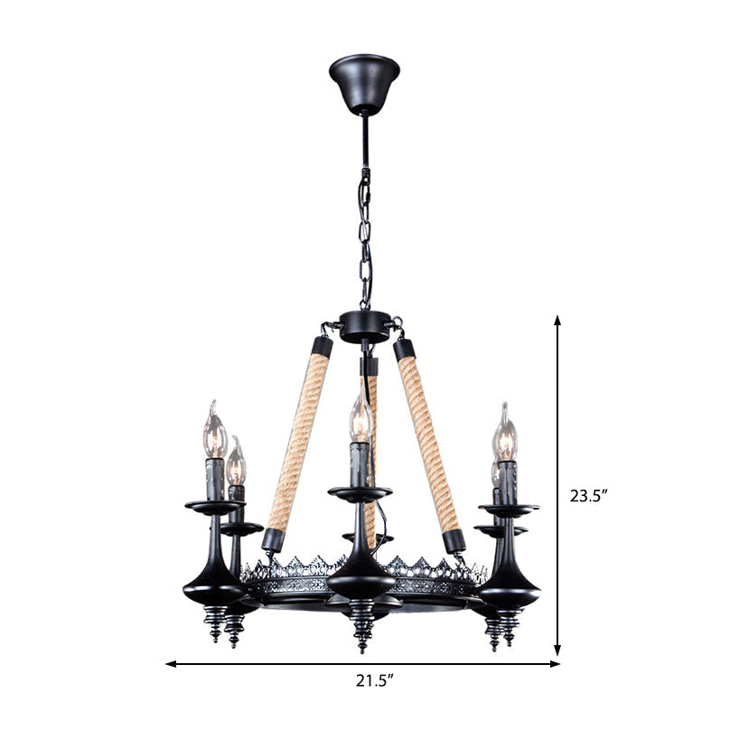 Rustic Metal & Rope Pendant Chandelier Black 3/6/8-Light Candle Dining Room Hanging Ceiling Fixture