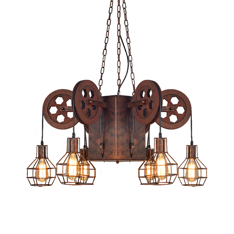 Industrial Metal Rust Pendant Lamp With Caged Globe - 4/6 Light Chandelier Fixture And Gear