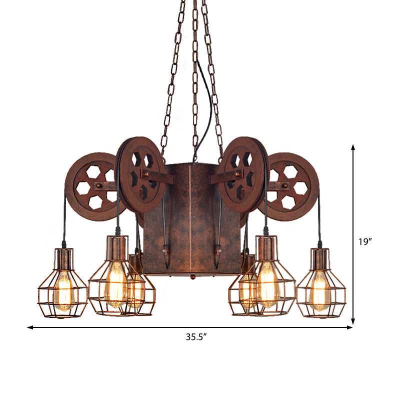 Industrial Metal Rust Pendant Lamp With Caged Globe - 4/6 Light Chandelier Fixture And Gear