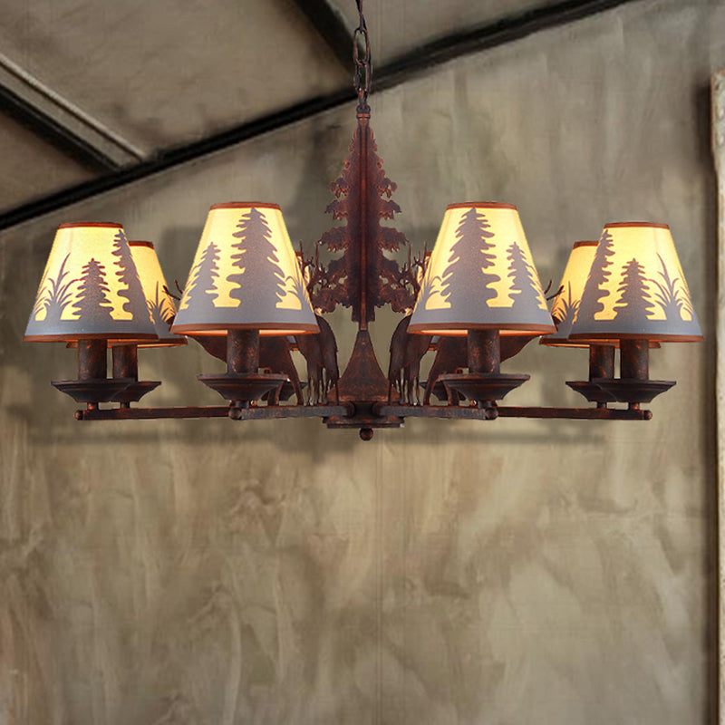 Industrial Cone Metal & Fabric Chandelier - 3/5/8 Light Pendant Lighting For Dining Room In Rust