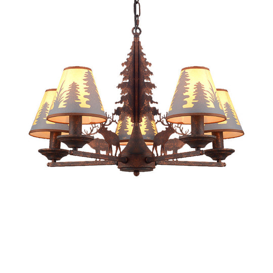 Industrial Cone Metal & Fabric Chandelier - 3/5/8 Light Pendant Lighting For Dining Room In Rust
