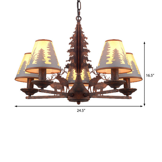 Industrial Cone Metal & Fabric Chandelier - 3/5/8 Light Pendant Lighting For Dining Room In Rust
