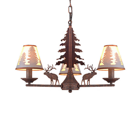 Industrial Cone Metal & Fabric Chandelier - 3/5/8 Light Pendant Lighting For Dining Room In Rust