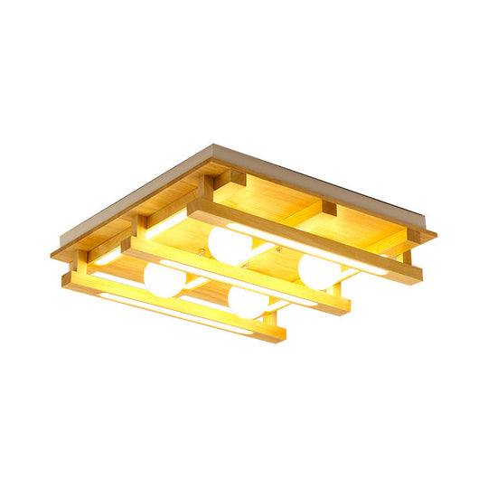 Modern Square Wood Flush Mount Lamp With Led Lights - Brown Ceiling Light Fixture White Glass Ball
