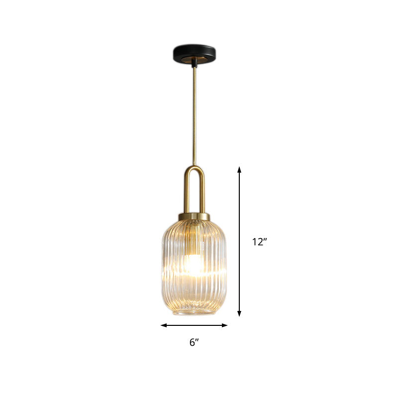 Modernist Clear Ribbed Glass Pendant Hanging Lamp Fixture - 1 Light Gold 6/8/12 Wide For Kitchen