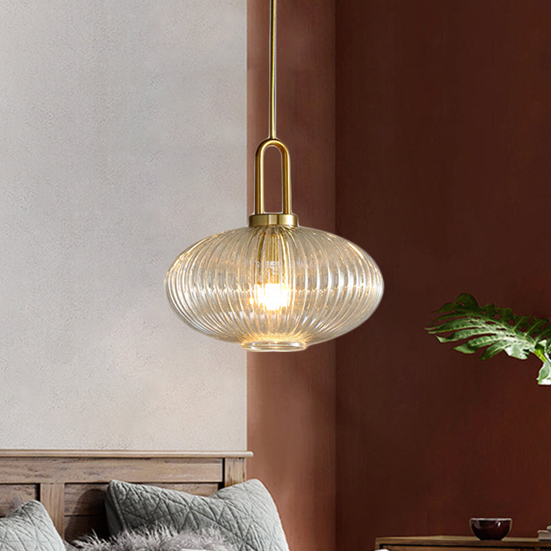 Modernist Clear Ribbed Glass Pendant Hanging Lamp Fixture - 1 Light Gold 6/8/12 Wide For Kitchen