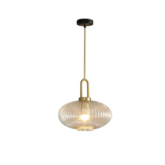 Modernist Gold Glass Pendant Light - Clear Ribbed Cylindrical/Drum/Globe Design 1 6’/8’/12’