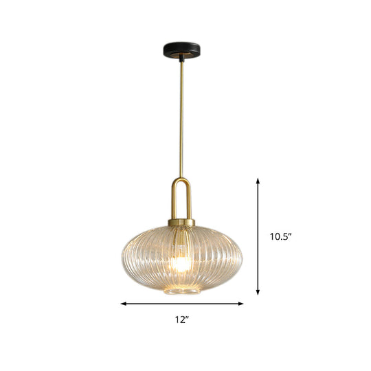 Modernist Gold Glass Pendant Light - Clear Ribbed Cylindrical/Drum/Globe Design 1 6’/8’/12’