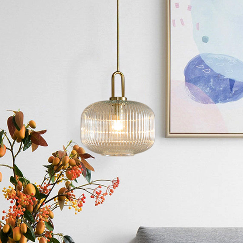 Modernist Clear Ribbed Glass Pendant Hanging Lamp Fixture - 1 Light Gold 6/8/12 Wide For Kitchen