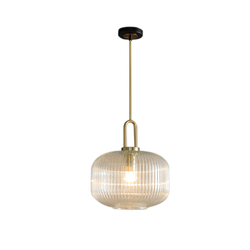 Modernist Gold Glass Pendant Light - Clear Ribbed Cylindrical/Drum/Globe Design 1 6’/8’/12’