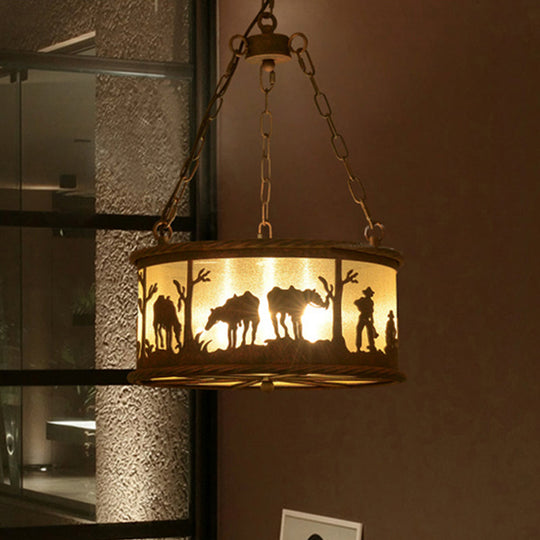 Vintage Drum Pendant Chandelier: 3-Bulb Metal & Fabric Ceiling Lamp With Animal Pattern - Rust