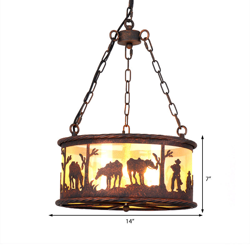 Vintage Drum Pendant Chandelier: 3-Bulb Metal & Fabric Ceiling Lamp With Animal Pattern - Rust