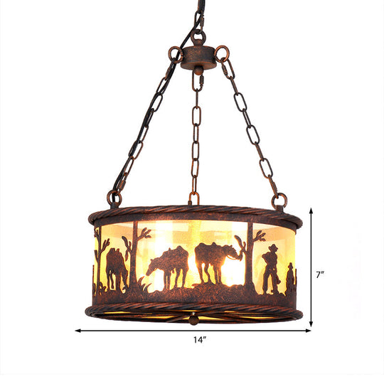 Vintage Drum Pendant Chandelier: 3-Bulb Metal & Fabric Ceiling Lamp With Animal Pattern - Rust