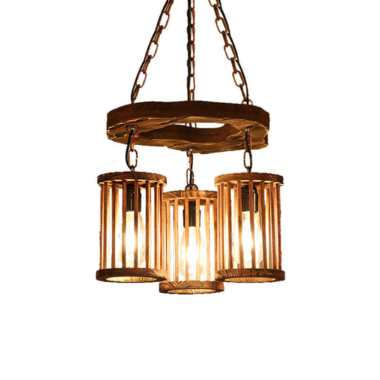 Industrial Wood And Black Cylinder Chandelier With 3 Lights Chain For Dining Room