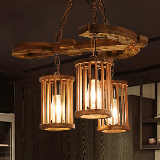Industrial 3-Light Wood Chandelier Pendant With Cylinder Shade And Chain - Perfect For Dining Rooms