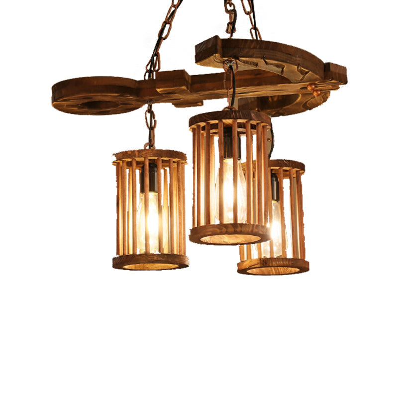 Industrial 3-Light Wood Chandelier Pendant With Cylinder Shade And Chain - Perfect For Dining Rooms