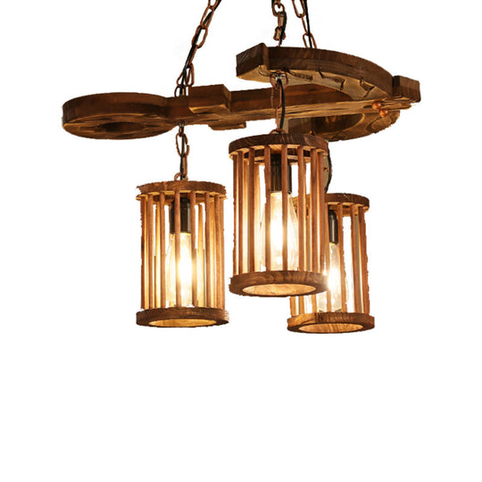 Industrial 3-Light Wood Chandelier Pendant With Cylinder Shade And Chain - Perfect For Dining Rooms