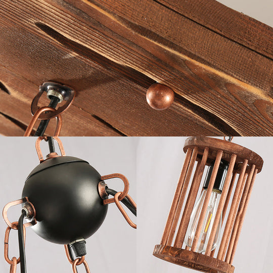 Industrial 3-Light Wood Chandelier Pendant With Cylinder Shade And Chain - Perfect For Dining Rooms