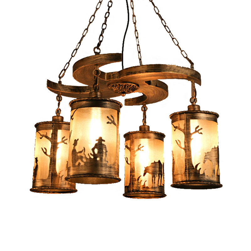 Vintage Bronze 4-Light Cylinder Chandelier: Metal Dining Room Hanging Lamp With Wooden Shelf And