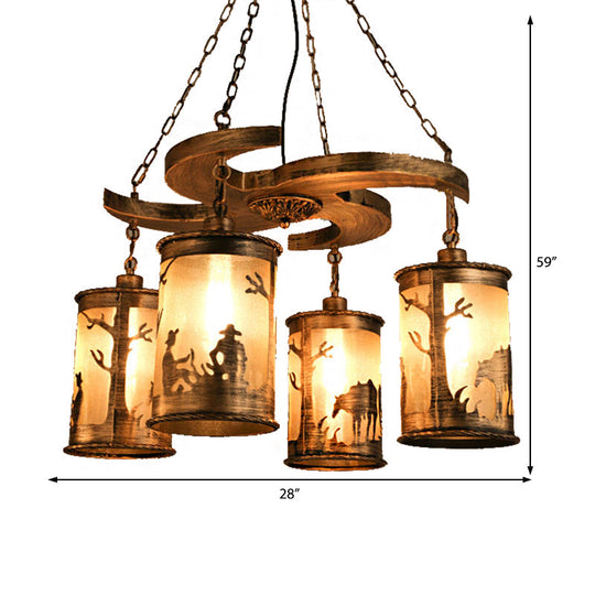 Vintage Bronze 4-Light Cylinder Chandelier: Metal Dining Room Hanging Lamp With Wooden Shelf And